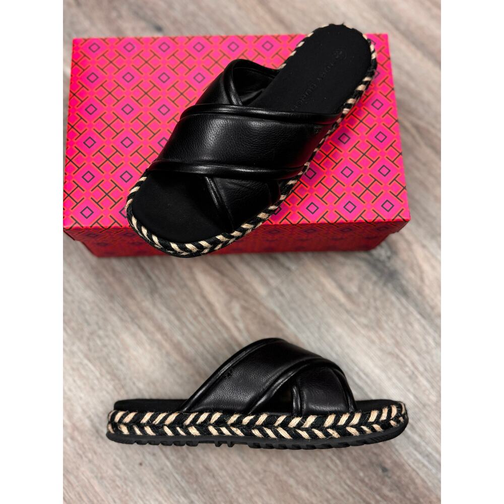 TORY BURCH Sz. 9 1/2 Perfect Black Criss Cross Espadrille Slide Leather Shoes